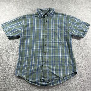 VINTAGE‎ L.L Bean Plaid Short Sleeve Shirt Mens Medium Blue Green Pocket